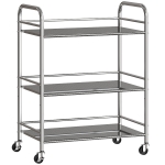 HOMCOM Carrinho Auxiliar com Rodas de Aço Inoxidável de 3 Níveis com Prateleira Ajustável 2 Rodas com Travão 60x35x77 cm Prateado