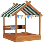 Outsunny Caixa de Areia para Crianças de Madeira em Forma de Casa com 2 Assentos Toldo 6 Bandeirolas 2 Bandejas Removíveis Torneira e Quadro para Jardim 124x116x146 cm Madeira