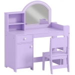 AIYAPLAY Kids Vanity Table and Chair Set, Kids Vanity Table with 2-Colour LED Mirror, Stool, Cabinet, Drawer, Shelves, Purple