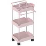 HOMCOM Carrito Auxiliar con Ruedas de 3 Niveles Carrito de Cocina con Cestas Extraíbles y Soporte para Toallas Rosa