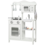 AIYAPLAY Cozinha de Brincar em Madeira com Som Acessórios Lava-Loiças Micro-Ondas e Fogão 55x24x86 cm Branco