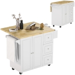 HOMCOM Desserte îlot de cuisineplateau rabattable 3 tiroirs 1 placard porte-torchons et porte-épices 111,5 x 75 x 89 cm blanc