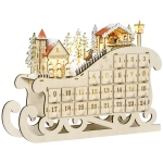 HOMCOM Christmas Advent Calendar, 2021 Light up Table Xmas Wooden Sleigh Holiday Decoration with Countdown Drawer, Village, for Kids Adults, Natural Wood Color