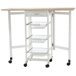 HOMCOM Carrito Auxiliar Plegable Carrito de Cocina con 6 Ruedas 1 Cajón y 3 Cesta de Metal 97,2x37x77,5 cm Blanco y Roble