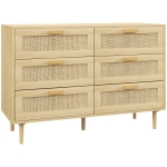 HOMCOM Cómoda para Dormitorio con 6 Cajones con Frontal de Ratán Patas de Madera Cajonera Estilo Bohemio 110x40x75 cm Roble