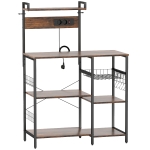 HOMCOM Keukenrek, staand rek met 2 stopcontacten, 5 S-haken, 5 planken, mand, X-stijlen staal 90 x 42 x 130 cm