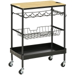 HOMCOM Carrinho de Cozinha com Rodas Carrinho de Cozinha Multiuso com Suporte para Garrafas Cesta Removível e 4 Ganchos para Sala de Jantar Sala de Estar 60,5x35,5x75cm Preto e Carvalho