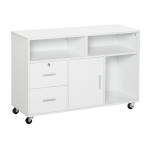 HOMCOM Support d'imprimante à 2 tiroirs meuble de rangement sur roulettes étagères ouvertes et placard, 100 x 35 x 65 cm, blanc