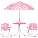 AIYAPLAY Conjunto Infantil de Mesa e Cadeiras de Jardim de 4 Peças Cadeiras Dobráveis Chapéu de Sol Desmontável Design Unicórnios Rosa