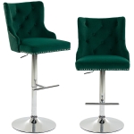 HOMCOM Bar Stools Set of 2, Modern Swivel & Adjustable Velvet Barstools with Button-Tufted Back, Footrest for Home Bar, Green