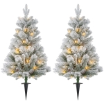 HOMCOM LED-Verlichte Kerstboom, Set van 2, 90 cm, Dennenappels, Rode Bessen, Brandveilig, Groen/Wit