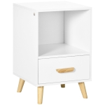 HOMCOM Mesa de Cabeceira Mesa Auxiliar Moderna com 1 Gaveta e Compartimento de Armazenamento 40x40x62cm Branco e Madeira