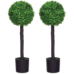 HOMCOM Set of 2 Artificial Plants Boxwood Ball Trees in Pot Fake Plants for Home Indoor Outdoor Decor, 20x20x60cm, Green