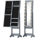 HOMCOM Espelho Joalheiro com Luzes LED Armário para Joias com Ângulo Ajustável  Prateleiras Ranuras para Anéis 36x30x136 cm Cinzento