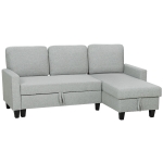 HOMCOM Canapea extensibilă cu 3 locuri, șezlong și spațiu de depozitare, material textil cu efect de in, 197x129x85 cm, gri și negru