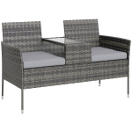 Outsunny Panchina da Esterno 2 Posti con Tavolino da Caffè, in Acciaio e Rattan PE, 137x59x82 cm, Grigio