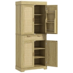 HOMCOM Bufet de Bucătărie Stil Boho cu 2 Dulapuri, Sertar și Suport pentru Condimente din Lemn și Ratan, 76x40x183cm, Stejar