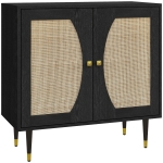HOMCOM Buffet de cuisine meuble de rangement design bohème double portes avec 2 niveaux, façade en rotin 80 x 38 x 79 cm noir