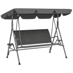 Outsunny Balansoar de Grădină 3 Locuri din Ratan PE cu Acoperiș Reglabil și Suporturi pentru Pahare, Balansoar de Exterior cu Cadru din Oțel, Capacitate 320 kg, 204x112x150 cm, Gri