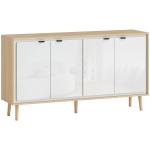 HOMCOM Buffet à haute brillance, meuble de rangement avec 4 portes, étagères réglables, 141 x 35 x 77 cm, blanc et chêne