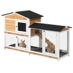 PawHut Rabbit Hutch Guinea Pig Hutch Wooden House with Run, 2 Tier Pet Cage Outdoor with No-leak Plastic Trays, 157.4 x 53 x 93.5cm, Yellow