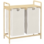 HOMCOM Panier à linge en bambou 2 paniers amovibles et coulissants en non-tissé 63,5 x 33 x 73 cm crème