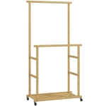 HOMCOM Suport pentru haine cu 2 bare, raft inferior și 4 roți din bambus, 80x40x160 cm, lemn natural