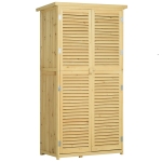 Outsunny Gartenschrank Holz Geräteschuppen Gerätehaus mit Asphaltdach Lamellentür Geräteschrank Schuppen Garten 4 Fächer Naturholz 87 x 46,5 x 160 cm