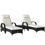 Outsunny Sonnenliege Gartenliege Tisch 3er-Set Gartenmöbel, Polyrattan+Metall Schwarz+Cremeweiß