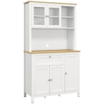 HOMCOM Küchenschrank im Landhausstil, 1 Vitrine, 1 offenes Regal, 1 Schublade, 2 Schränke, Natur + Weiß