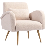 HOMCOM Fauteuil de salon en tissu Teddy, chaise rembourrée, assise large, coussin lombaire, pieds en métal effet bois, beige