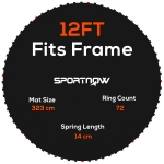 SPORTNOW Replacement Trampoline Mat with Spring Pull Tool, 72 V-Hooks, for 12ft Trampoline using 14cm Springs, Black