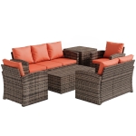 Outsunny 6 Pieces Rattan Garden Furniture Set, 7 Seater Wicker Outdoor Furniture Set with Storage Tea Table & Side Table, Sectional Garden Sofa Set with Cushions, Orange
