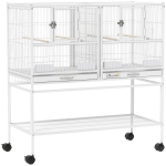 PawHut Jaula para Pájaros Grande con Divisor Ruedas 4 Comederos 4 Perchas Estante 2 Bandejas Extraíbles 95x45,5x102 cm Blanco