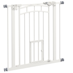 PawHut Pressure Fit Stair Gate, Dog Gate w/ Small Cat Door, Auto Closing System, Double Locking Openings, 74-80cm - White