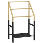 HOMCOM Suport Prosop de Podea cu 3 Bare și Raft Inferior din Bambus și Oțel, 51x31x85,5 cm, Negru și Natural Lemn