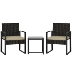 Outsunny Rattan Bistro Set, 3 Piece Garden Furniture Set with Glass Top Table and Cushions, Khaki