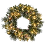 HOMCOM Weihnachtskranz mit LED-Beleuchtung, roten Beeren, realistisches Aussehen, Ø60 x 10 cm, Grün