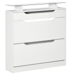 HOMCOM Schuhschrank Schuhregal mit 3 Schubladen Aufbewahrungsschrank Kippeimer mit Klapptür Glasplatte Verstellbares Regal Großes Fassungsvermögen für 14 Paar Hochglanz+Weiß 89 x 23 x 96 cm