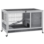 PawHut Conigliera in Legno con 4 Ruote, Casetta per Conigli e Rampa, 90x53x59cm, Grigio