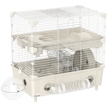 PawHut Gabbia per Criceti a 2 Livelli e 3 Porte con Ruota e Tubi, in Acciaio, PS e PP, 44.5x28x44 cm, Crema e Bianco
