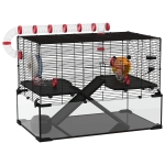 PawHut Gerbil Cage, Dwarf Hamster Cage, with Deep Glass Bottom, Tunnels, Ramps, Hut, Exercise Wheel, 78.5 x 48.5 x 57cm