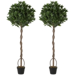 Outsunny Realistic Lush Topiary Ball Tree, Artificial Bay Laurel Topiary Trees with Weighted Pot, Set of 2, Green