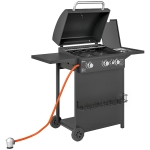 Outsunny Barbacoa de Gas con 3 Quemadores Parrilla para 5-9 Personas Quemador Lateral Termómetro y Ruedas 123x58x98 cm Negro
