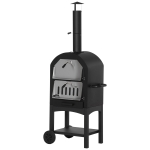 Outsunny 2-In-1 Pizzaofen Outdoor mit Rollen Grillofen mit Schutzhülle Pizzaschaufel 2 Grillnetzen Grillwagen mit Schornstein 3-Tier Holzbackofen für BBQ Stahl Schwarz+Silber 63 x 54 x 161 cm