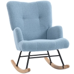 HOMCOM Silla Mecedora de Terciopelo de Teddy con Respaldo Alto Patas de Madera de Caucho Reposabrazos Azul Claro