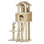 Pawhut Arbre à chats style cosy chic griffoirs sisal naturel niche plateformes échelle jeux boule suspendue moulin à vent peluche courte panneaux particules algues 69 x 40 x 131 cm crème kaki