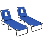 Outsunny Folding Sun Loungers Set of 2 with Face Hole, 4-Position Adjustable Backrest Garden Recliner Chair Sunbed, Outdoor Lounge Chair with 500 D Oxford Cloth Seat, Pillow for Beach, Blue
