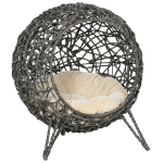 PawHut Coș pisică pat înălțat pisică cozi cuib confort pernă pufoasă inclusă rășină imitând răchita Ø 52 x 58H cm gri