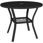 Outsunny 90 cm Garden Dining Table with 4-5 cm Parasol Hole, Round Outdoor Dining Table, Steel Garden Table with Slatted Metal Top and Wire Shelf for Balcony, Porch, Black
